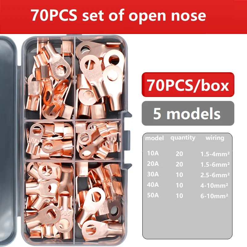 70PCS Open Crimp Ring Connector OT Cable Electrical Wire Terminal Copper Lugs Terminal Connectors Kit