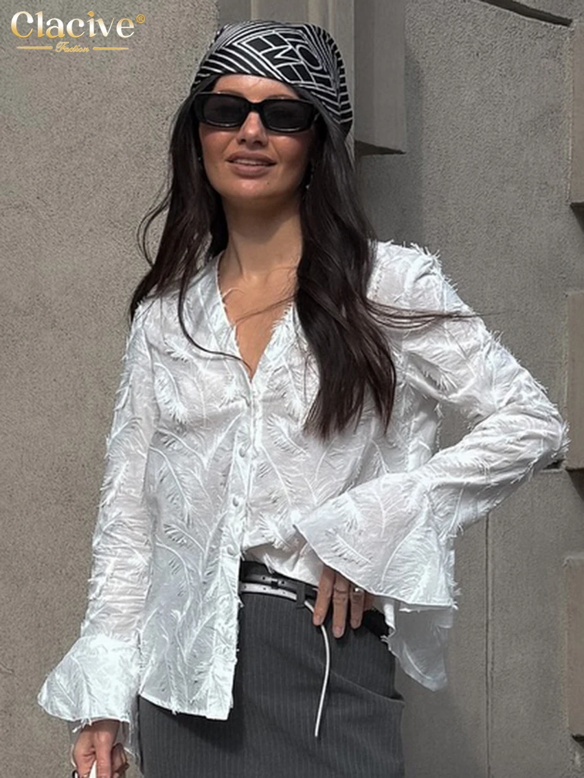 

Clacive Fashion Loose White Cotton Women's Blouse 2026 Autumn V-Neck Long Sleeve Lady Shirt Elegant Classic Top Female Clothing