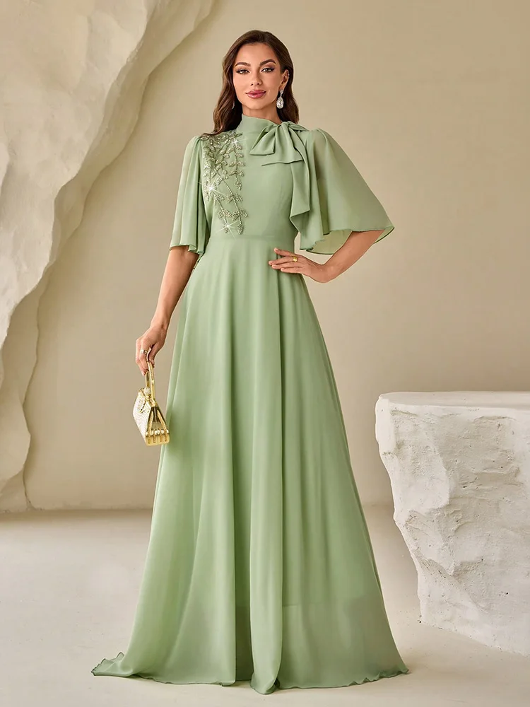 

TOLEEN 2025 New Luxury Elegant Women's Solid Color Ribbon Collar, Swing Floral Front Formal Elegant Long Sleeve Evening Dresses