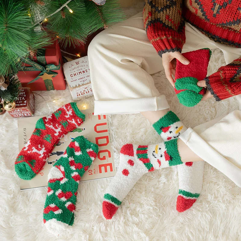 New Christmas coral fleece warm and thick winter socks snowman sleeping floor socks