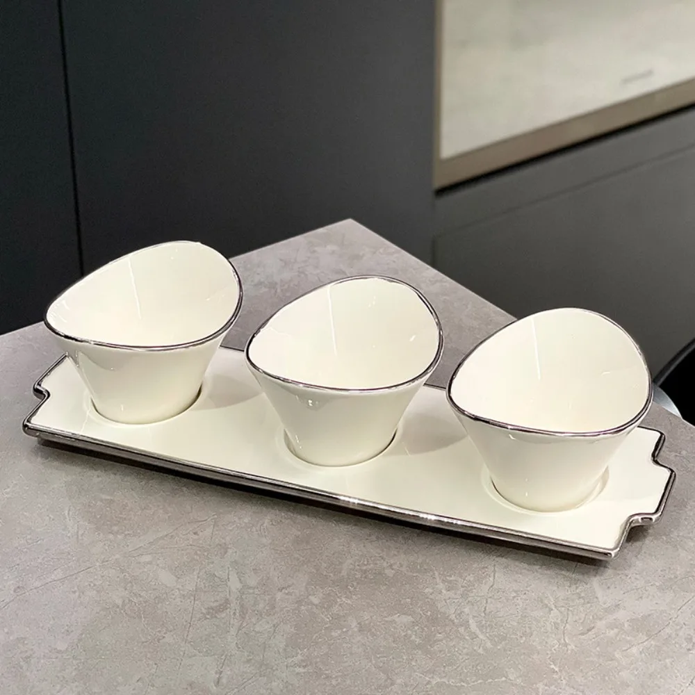 Creative White Ingot-shaped Ceramic Bowl Silver Dessert Bowl Ornaments Household Ceramic Dried Fruit Salad Bowl Tableware