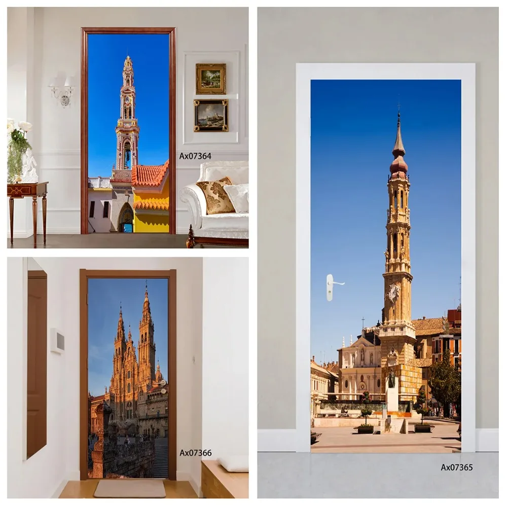 European Spain Church Bell Tower Door Mural Sticker Full Door Wrap Wallpaper Home Decoration Self-adhesive Doors Stickers
