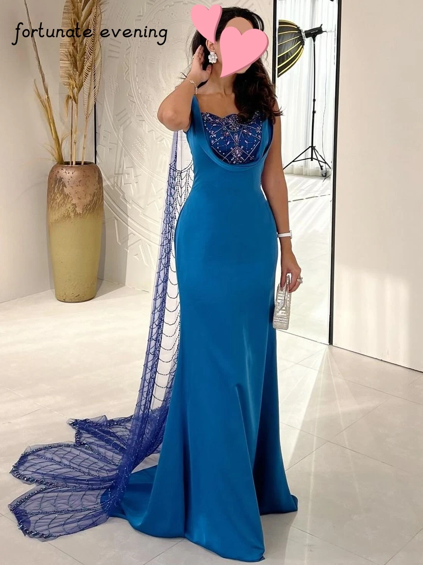 Fortunate Evening Elegant Vintage Blue Mermaid Beads Lace Stylish Saudi Arabia Formal Occasion Prom Dress Evening Party Gowns