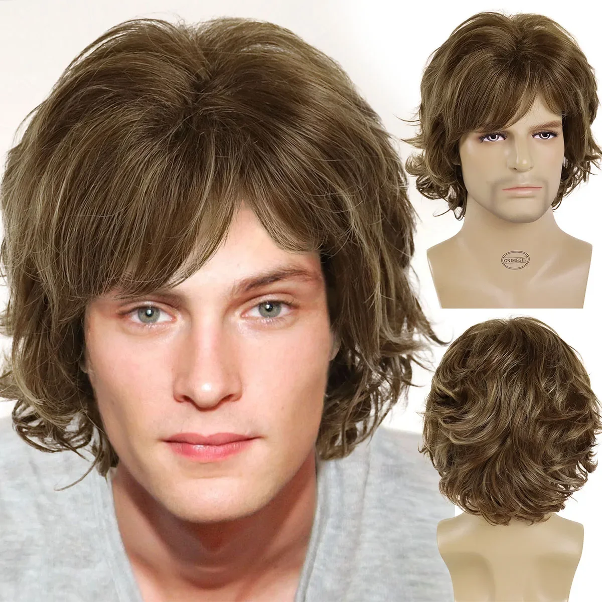 

GNIMEGIL Synthetic Curly Wigs for Men Natural Wigs Brown Color Fluffy Haircuts Short Bob Wig Curl Hair Male Wig with Bangs Cool