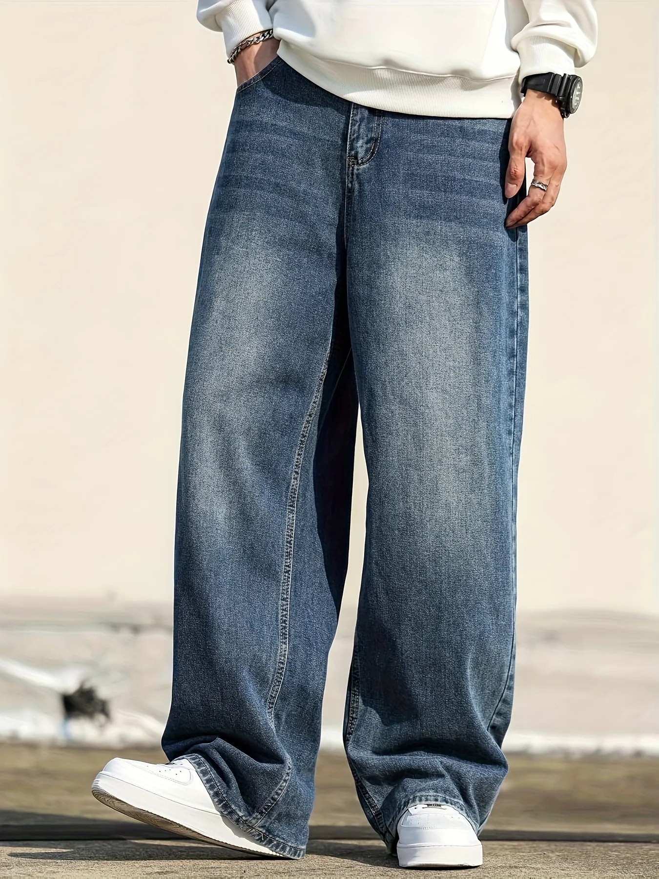 

Men'S Casual Loose Fit Vintage Denim Jeans Trendy Oversized Wide-Leg Pants with a Relaxed Look, Light Blue Washed Denim