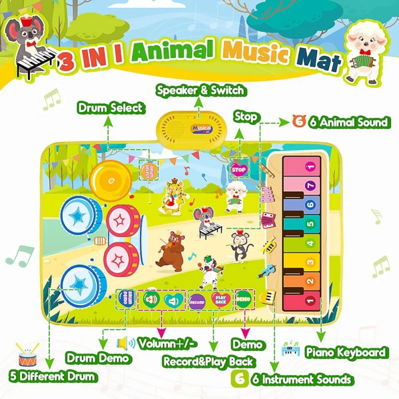 Baby Musical Play Mat,Early Educational 3 in 1 Floor Piano Drum Animal Touch Play Blanket