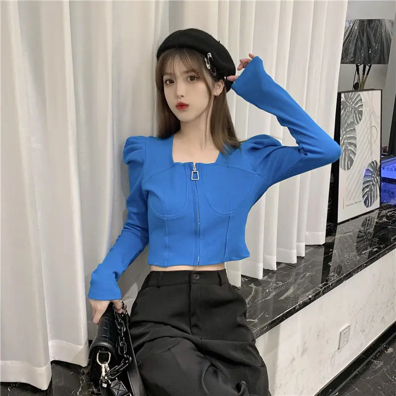 

Square Neck Bubble Long Sleeve Knit Sweaters Women's Spring Autumn Korean 2022Slim Street Short Chic Cardigan Sweater Top Female