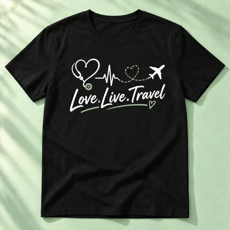Love Live Travel Heart Pulse Plane Print Tee For Women, Pure Cotton Crew Neck Short Sleeve T-Shirt, Summer Casual Vacation Adventure Top