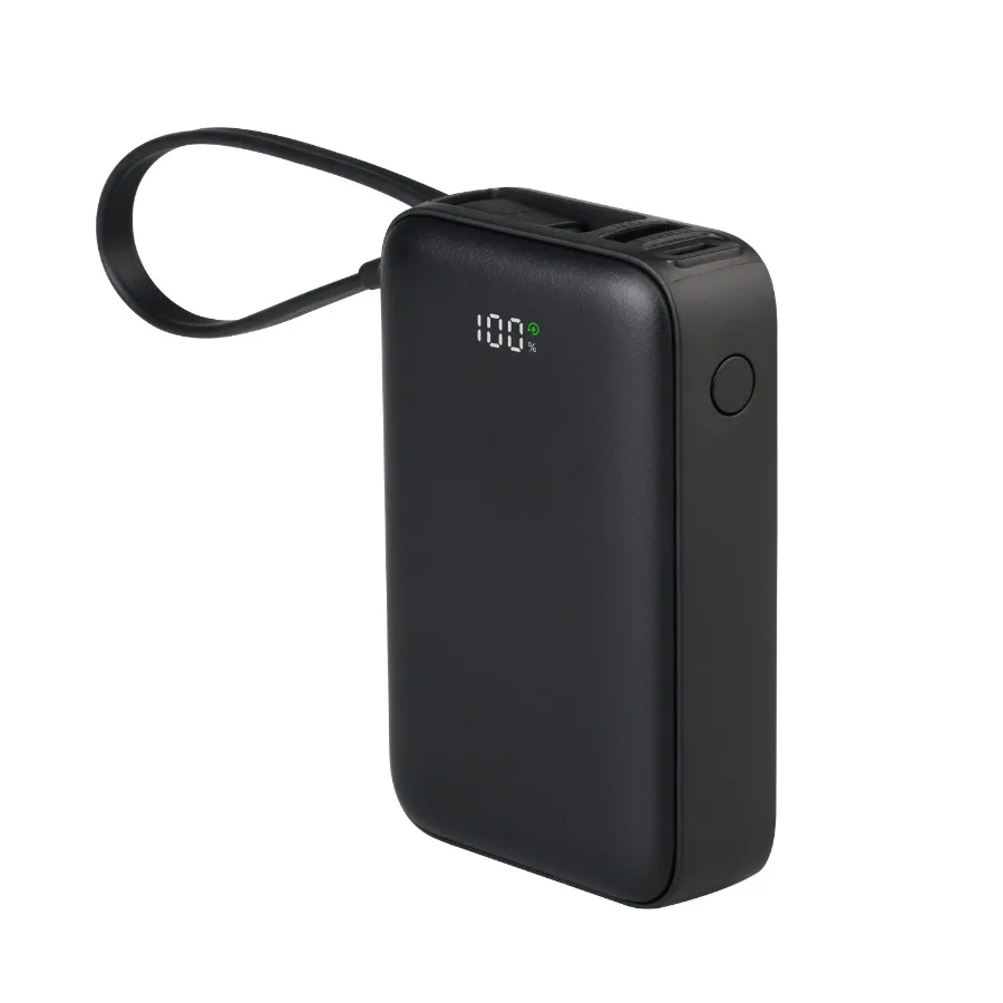 

Портативный внешний аккумулятор на 10000 мАч со встроенным кабелем USB-C и быстрой зарядкой 20 Вт, LED-дисплей, черный - совместим с