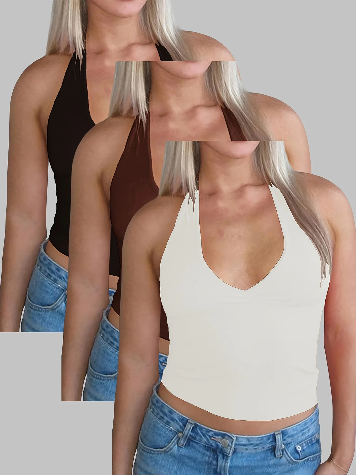 

New fashion solid color V-neck plus size camisole three-piece set