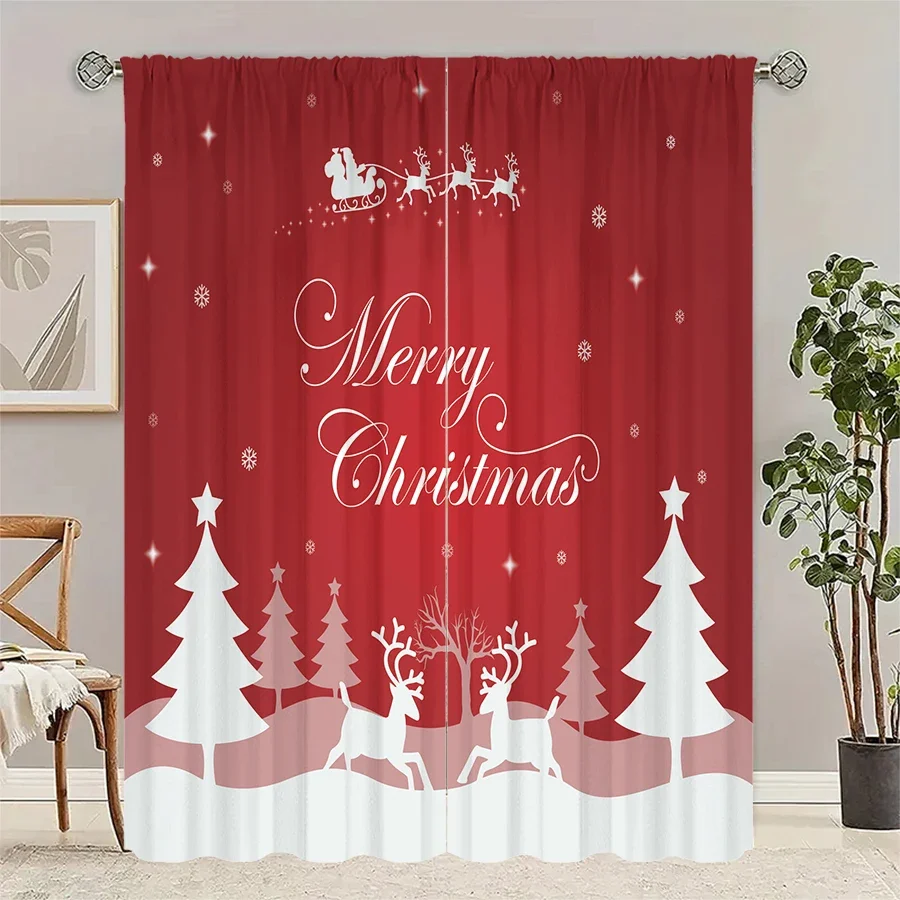 2pcs- Christmas Santa Claus Christmas tree pattern printed curtains, Christmas decorations, home decorations, room decorations