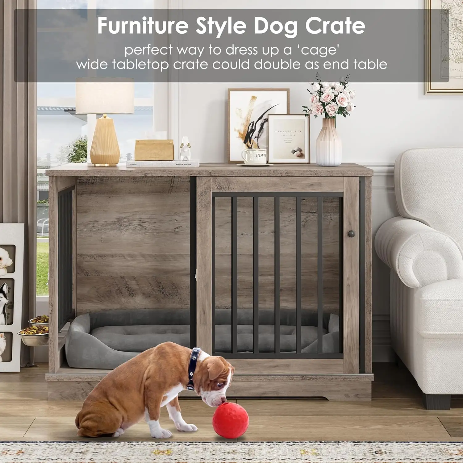 Dog Crate Furniture 47” Large Dog Kennel for Dogs Indoor, Heavy Duty Dog Cage with Sliding Door and 2 SUS Bowls Wooden End Table image 5