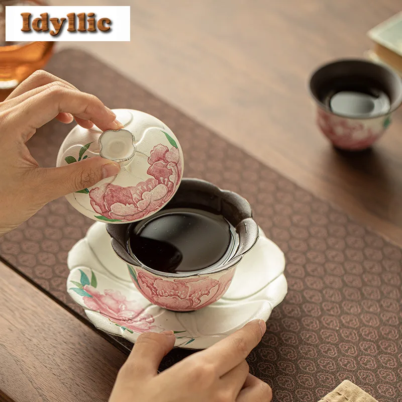 150 مللي قديم روك كلاي ضوء ماكياج الفاوانيا Gaiwan خمر الشاي تورين براد شاي مع غطاء عدة صنع الشاي غطاء السلطانية عناصر الشاي الحلي #4