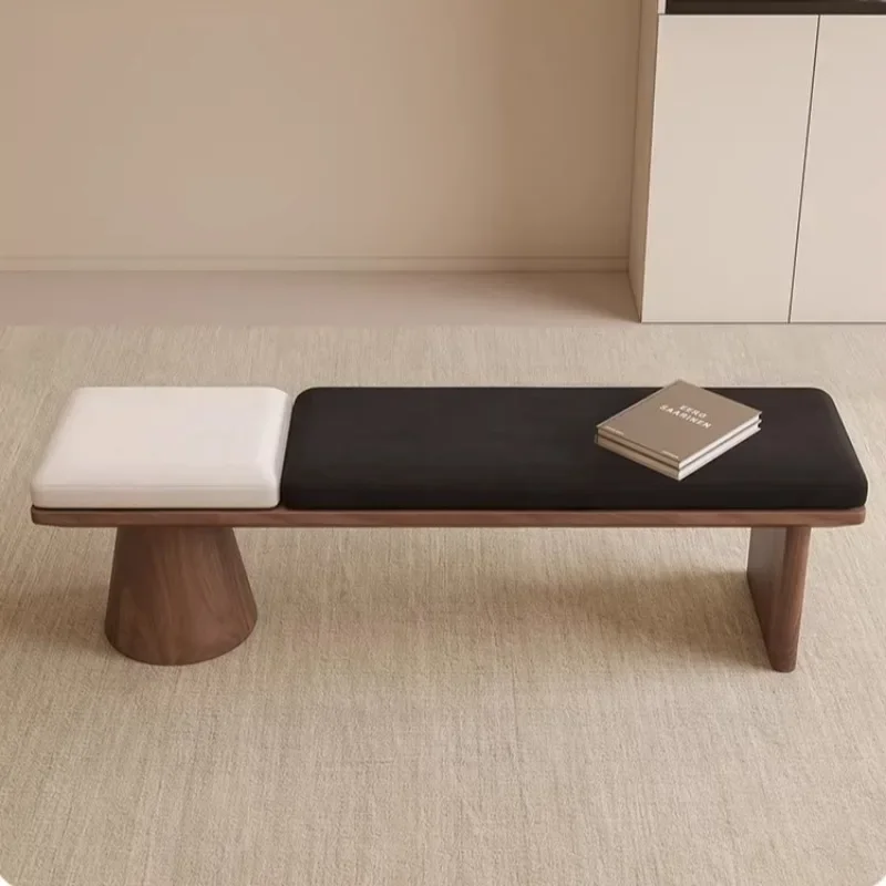 Retro Sculptural Wooden Base Accent Bench, Two-Tone Upholstered Entryway Bench, Minimalist Modern Ottoman for Home Decor