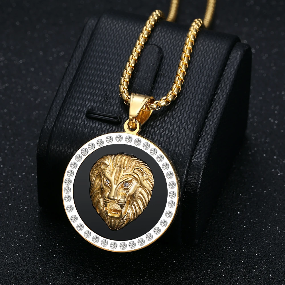 Punk Mode Iced Out Löwenkopf Anhänger Gold Farbe Edelstahl Tier Runde Halsketten für Männer Partei Schmuck Männlichen Geschenk 2025