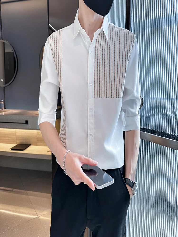 

Korean version of new workwear splicing luxury long sleeved men's social shirt slim fit formal dress large size