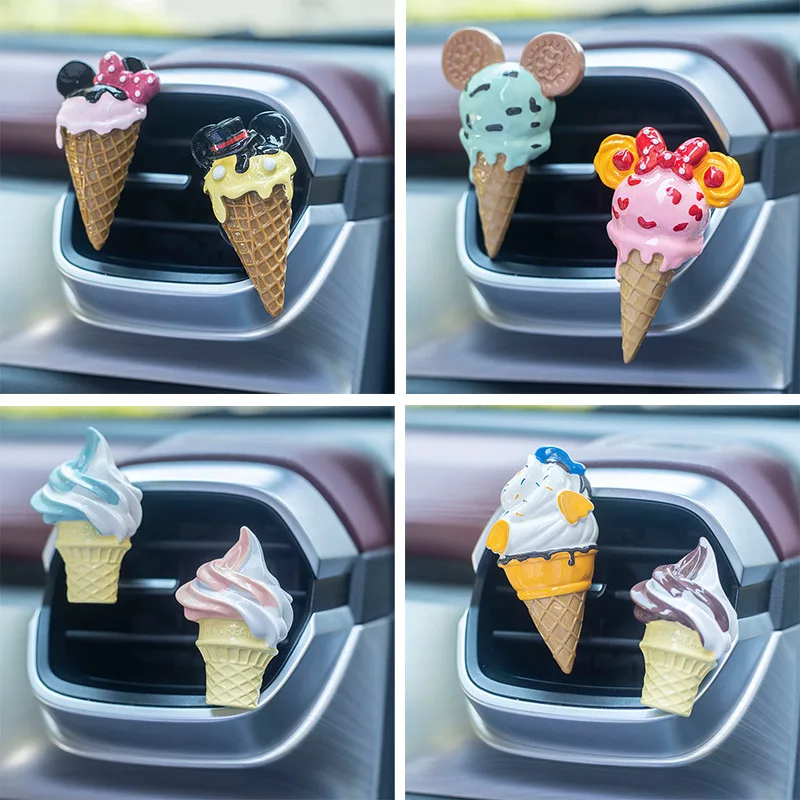 Disney Anime Cute Mickey Minnie Ice Cream Model Ornaments Car Air Freshener Cartoon Auto Vent Perfume Air Outlet Fragrance Decor