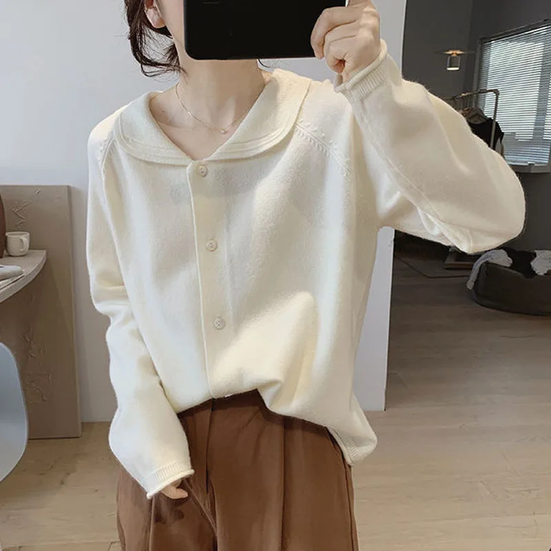 Solid Peter pan collar Button Cardigan Sweaters Young Style Casual Fashion Cute Autumn Winter Thin Loose Women's Clothing 2022