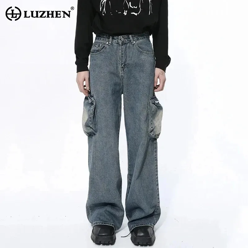 

LUZHEN Men's Jeans High Street Washed Large Pockets Design Male Denim Cargo Pants American Style Straight Casual Trousers LZ4347