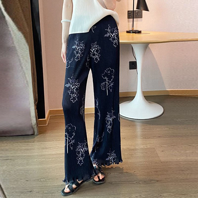 Folded versatile casual pants children's niche design straight printed trousers high waist thin drape wide