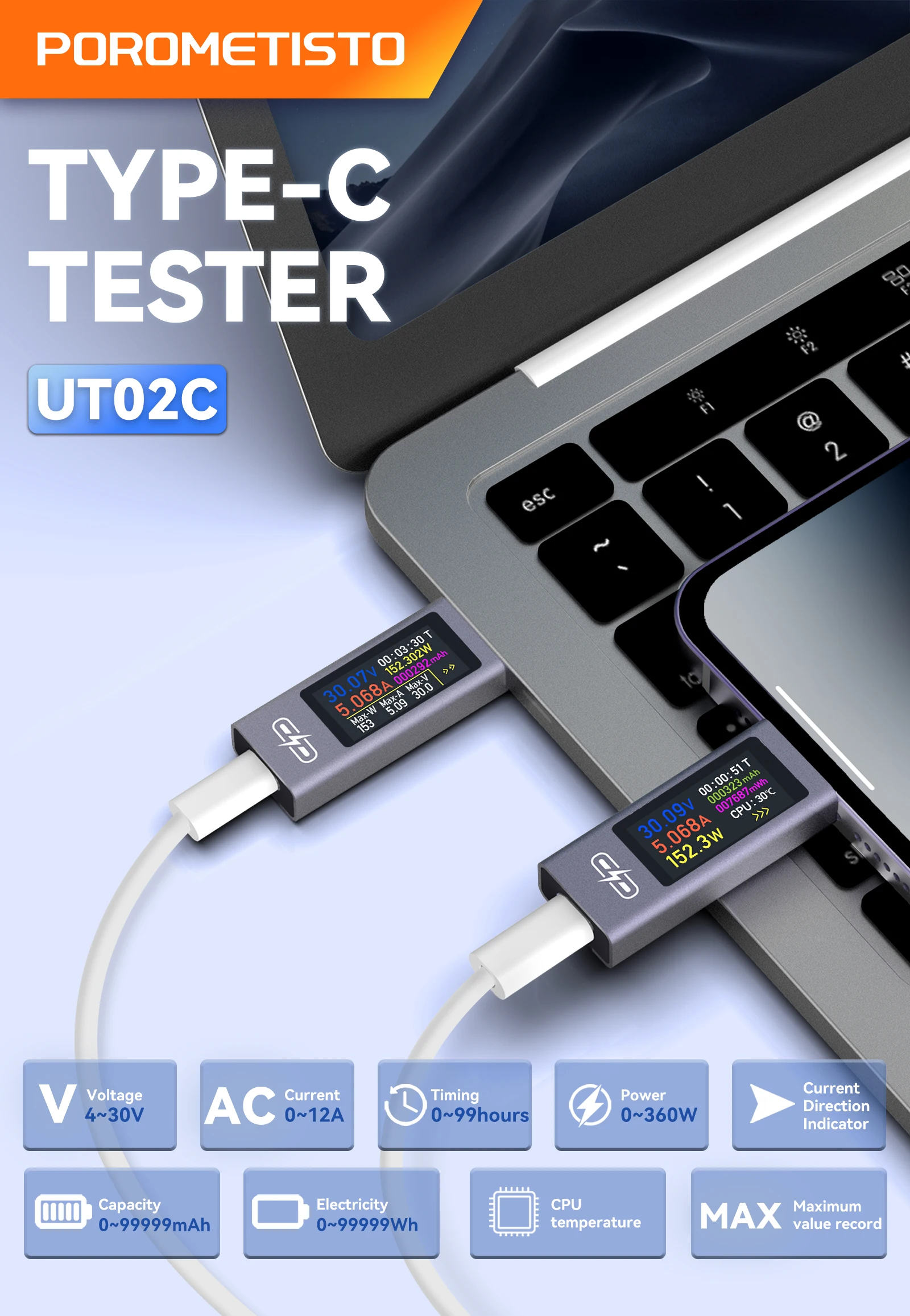 UT02C USB Farbdisplay Typ-C Tester Spannungsmesser DC4-30V 12A Schnellladungs-Trigger CPU-Monitor Spannungs-Strom-Leistungsmesser – Detail 3