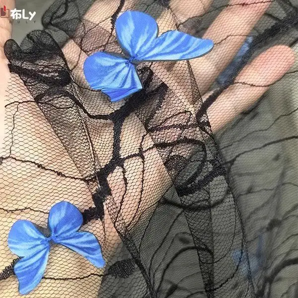 Blue 3D Butterfly Irregular Texture Mesh Fabric Lace DIY Wedding Dress Gown Fashion Designer Material
