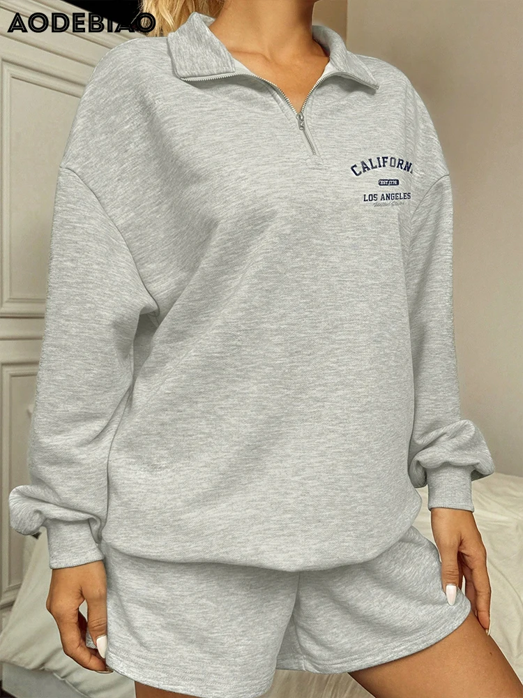 AODEBIAO Grey Sports Hoodie Women Autumn Winter Long Sleeves Fashion Print Hoodie Casual Streetwear Turtleneck Long Hoodie Women