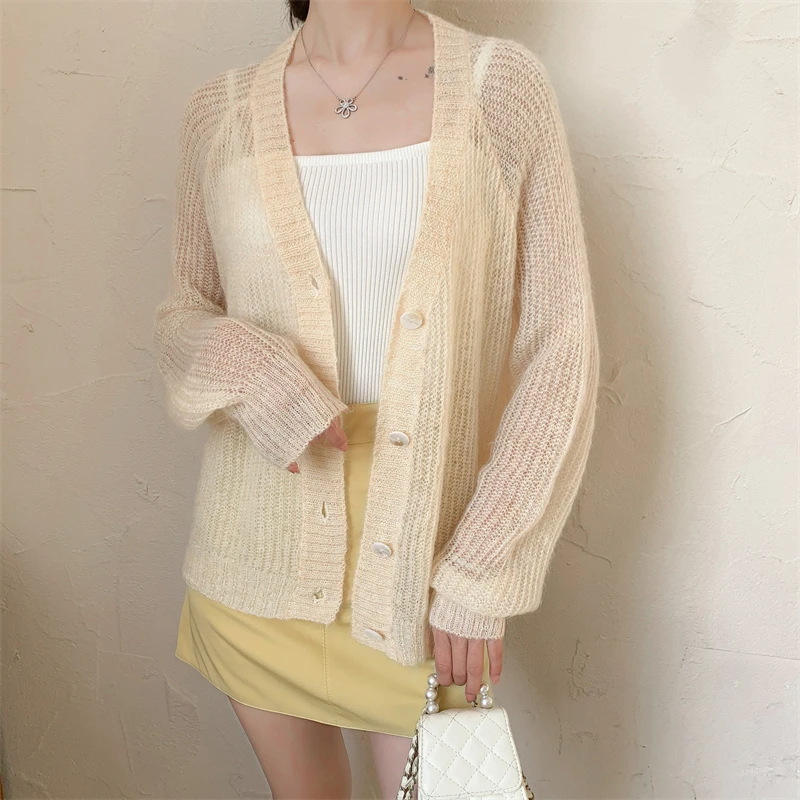 

High proportion mohair loose lazy style hollowed out wool hollow white knitted cardigan women's spring dopamine