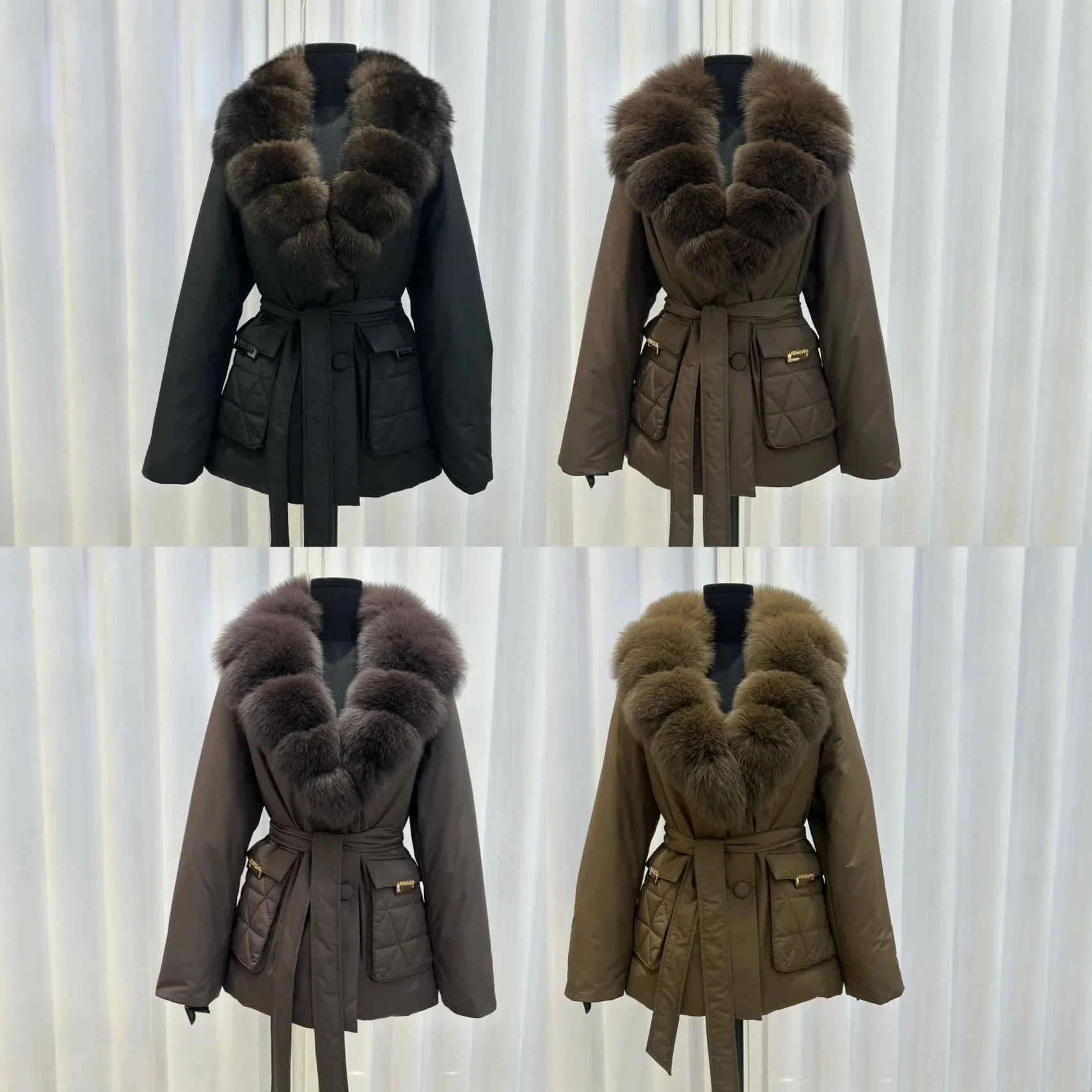 OFTBUY Real Fox Fur Collar Duck Down Jacket Women Mid-Length Puffer Jacket Luxury Slim Belted Waist Winter Warm Outerwear
