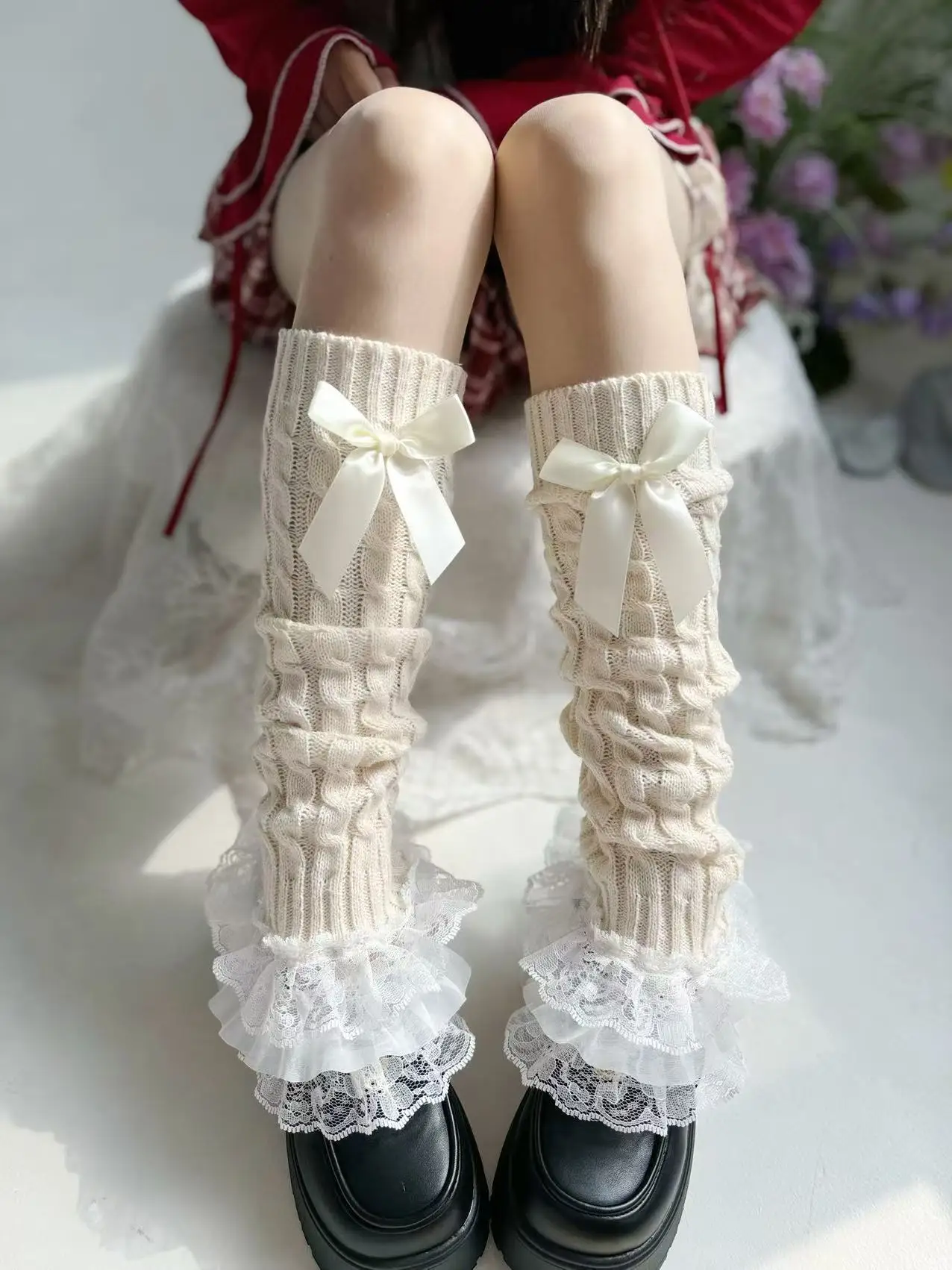 

Japanese Lolita Calf Socks Sweet Lace Edge Bow Stacked Socks Cute Warm Jk Medium Tube Leg Cover Autumn and Winter Women