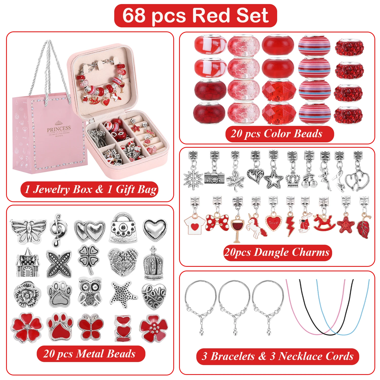 68-Piece Beaded Bracelet Making Kit, Red Series Jewelry DIY Gift Box, Christmas Craft Gift Set, With Jewelry Storage Box view 2