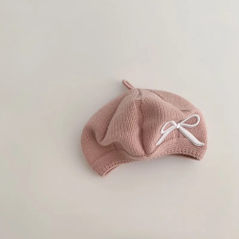 2-6Y Bow Baby Beret Hat Winter Warm Knitted Beanie Cap for Infant Girls Korean Toddler Princess Artist Solid Color Painter Caps