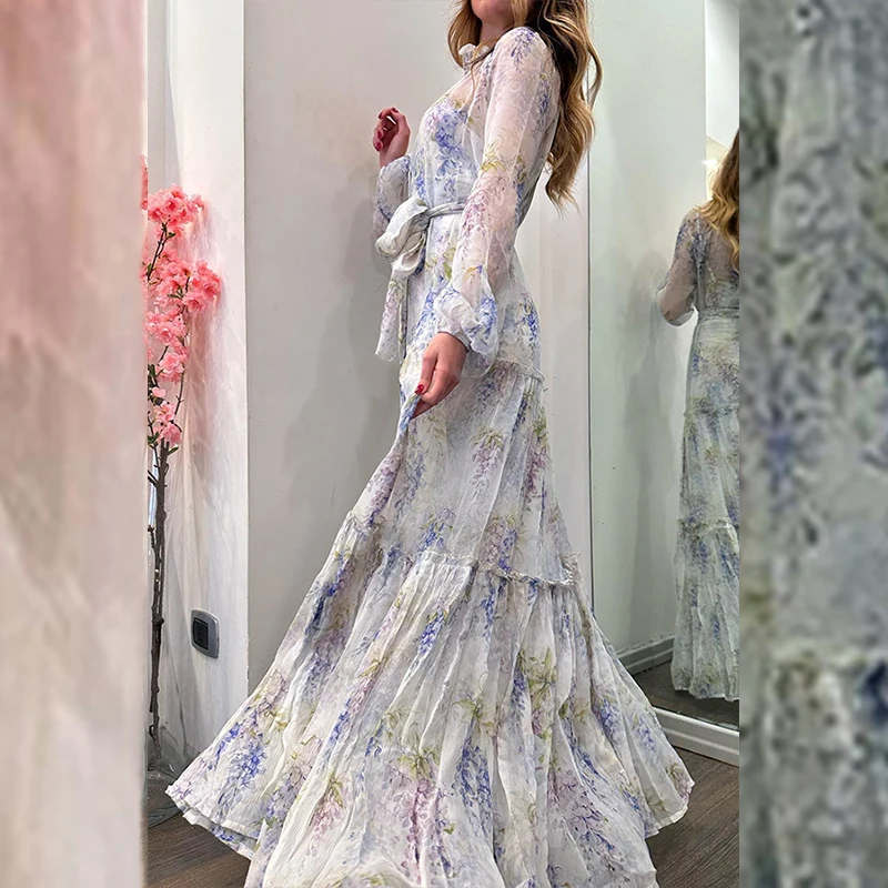 Women Fashion Floral Printed Chiffon Dress Sexy V-neck Long Sleeve Waist Party Dress Elegant Single-breasted Lace-up Long Dress