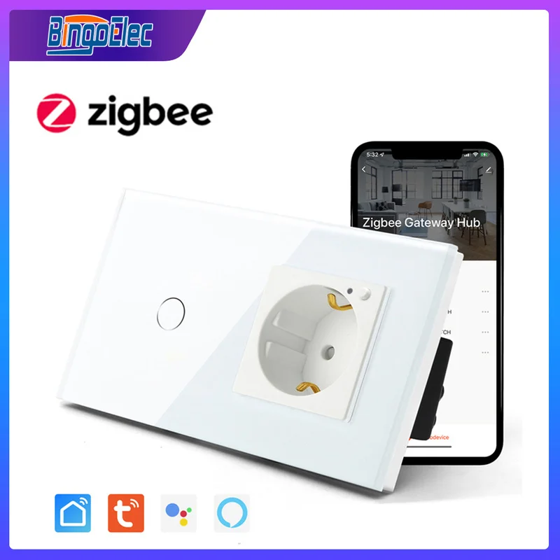 BINGOELEC Smart ZigBee Touch Switch EU Standard ZigBee Socket Black White Gray Glass Panel 1/2/3 Gang 1 Way Wall Light Switches