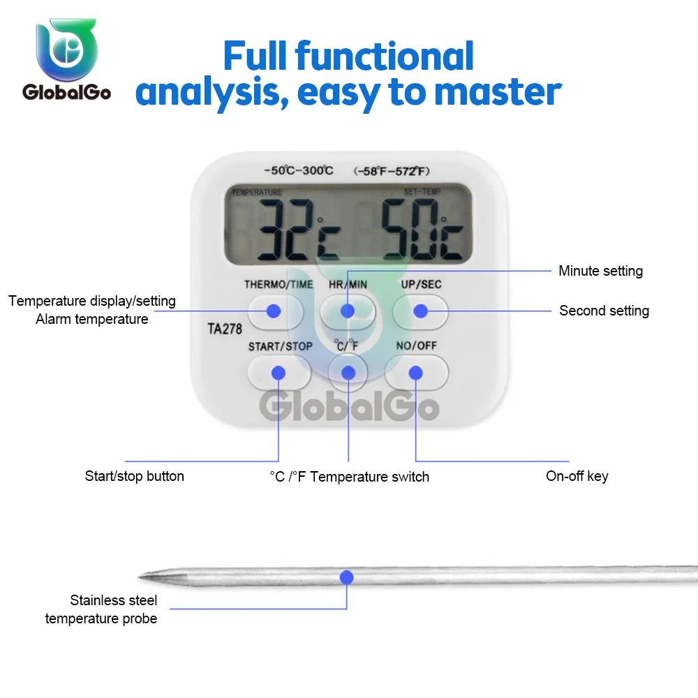 TA278 Digital Kitchen Thermometer Stainless Steel Probe Wireless Meat Thermometer Alarm Timer for Home Cooking Kitchen Barbecue