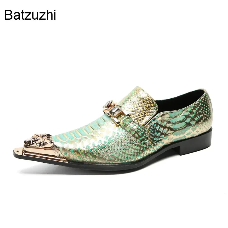 Batzuzhi Italian Type Men's Shoes Slip on Formal Business Leather Dress Shoes Men Golden Metal Toe Fashion Party, Wedding Shoes!