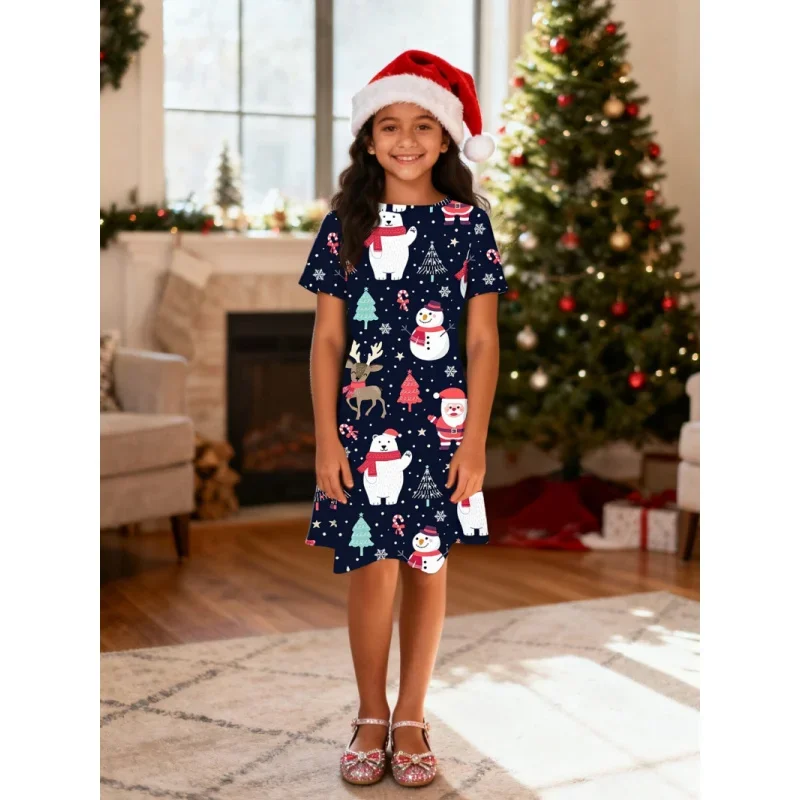 Girls Plaid Print Christmas Dress Short-Sleeved Children's Holiday Atmosphere Dress for 2026