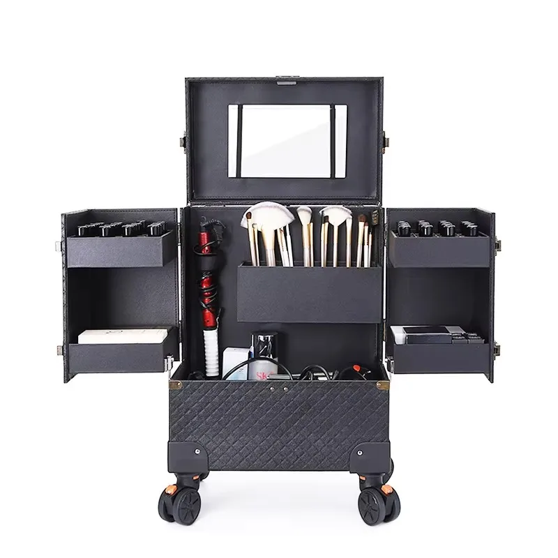 

Wholesaler Popular Multi-Function Beauty Trolley Suitcase Professional Cosmetic Box Rose Gold Nail Tattoo Rolling Makeup Case on