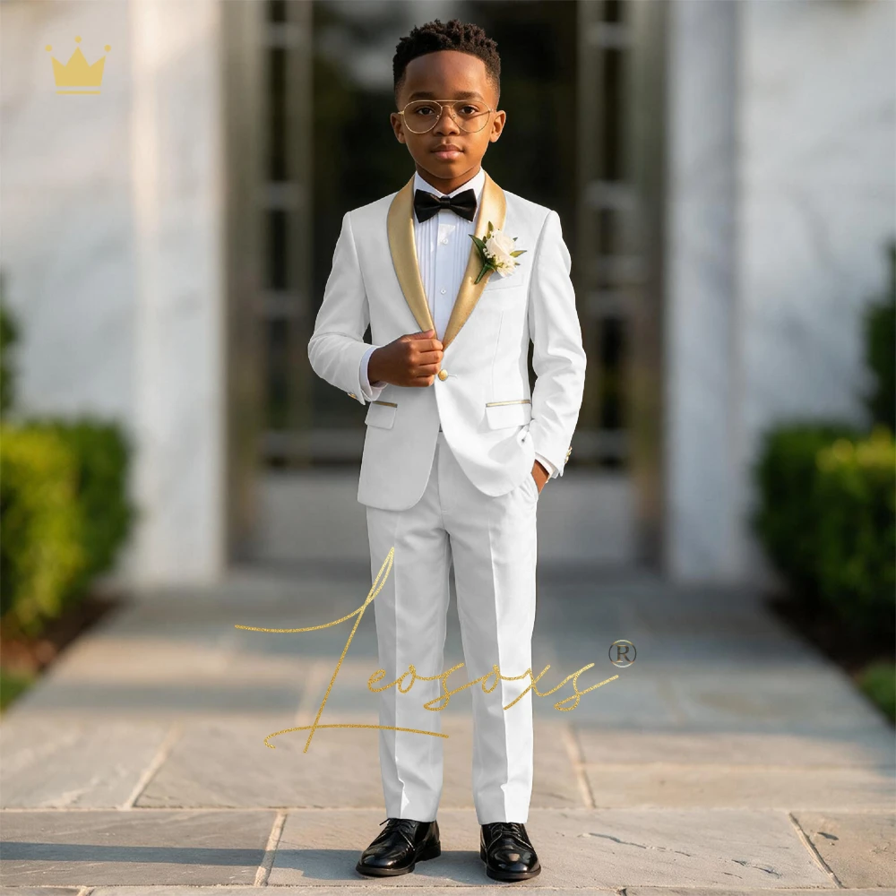 Kids Luxury 2-Piece Tuxedo Set Custom Gold Satin Lapel Slim Fit Gentleman Style Birthday Party Performance Outfit