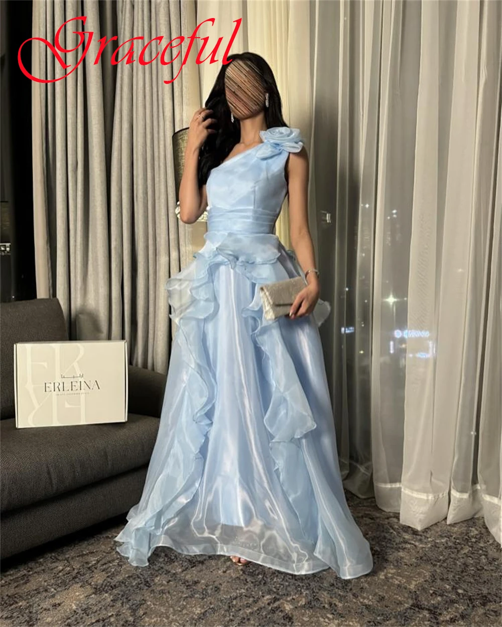 Sukienka wieczorowa szyfonowa w kolorze niebieskim, wysokiej jakości, szyta na miarę, elegancka sukienka koktajlowa z dekoltem w łódkę, na jedno ramię, delikatna sukienka na powrót do domu.