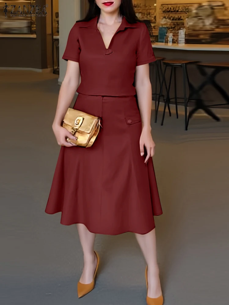 

ZANZEA Short Sleeve Lapel Tops Midi Skirts Suits 2025 Summer Women Elegant Fashion 2PCS Outfits Solid Color Commute Skirt Sets