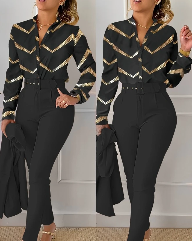 

Two Piece Set Women Outfit Autumn Fashion Colorblock Print Stand Collar Long Sleeve Button Top & Elegant Pocket Design Pants Set