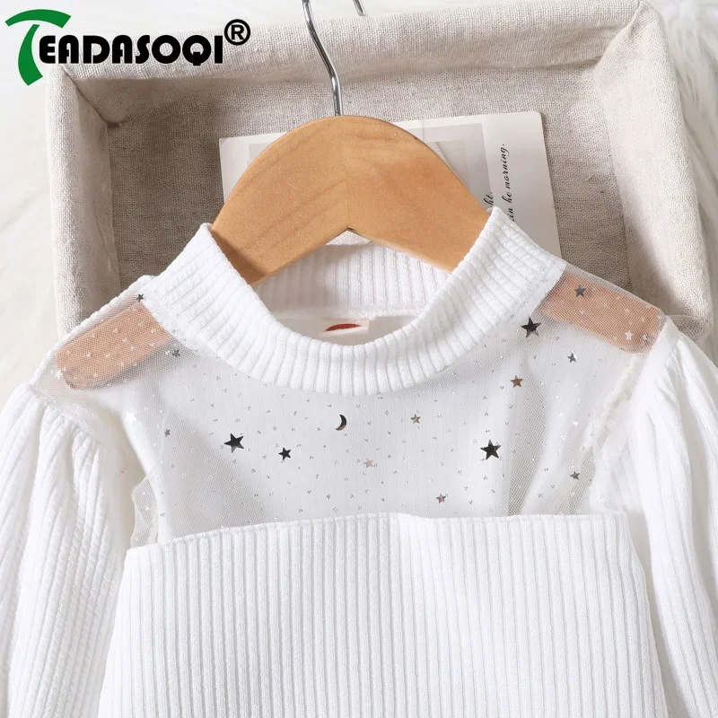 Kids Girls Clothing Set Mesh Splice Puffed Sleeves Top+Irregular Short Skirt+Hat 3Pcs Suit Children Baby Girl Clothes 2-8Y