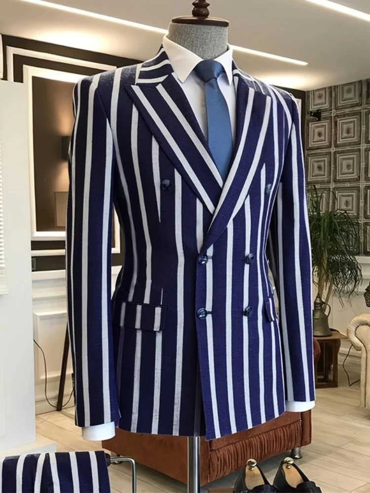 2Pcs Mens Blazer Sets Suits Casual Blazer Business Striped Turndown Collar Double Breasted Blazer Suit for Work and Daily Wear