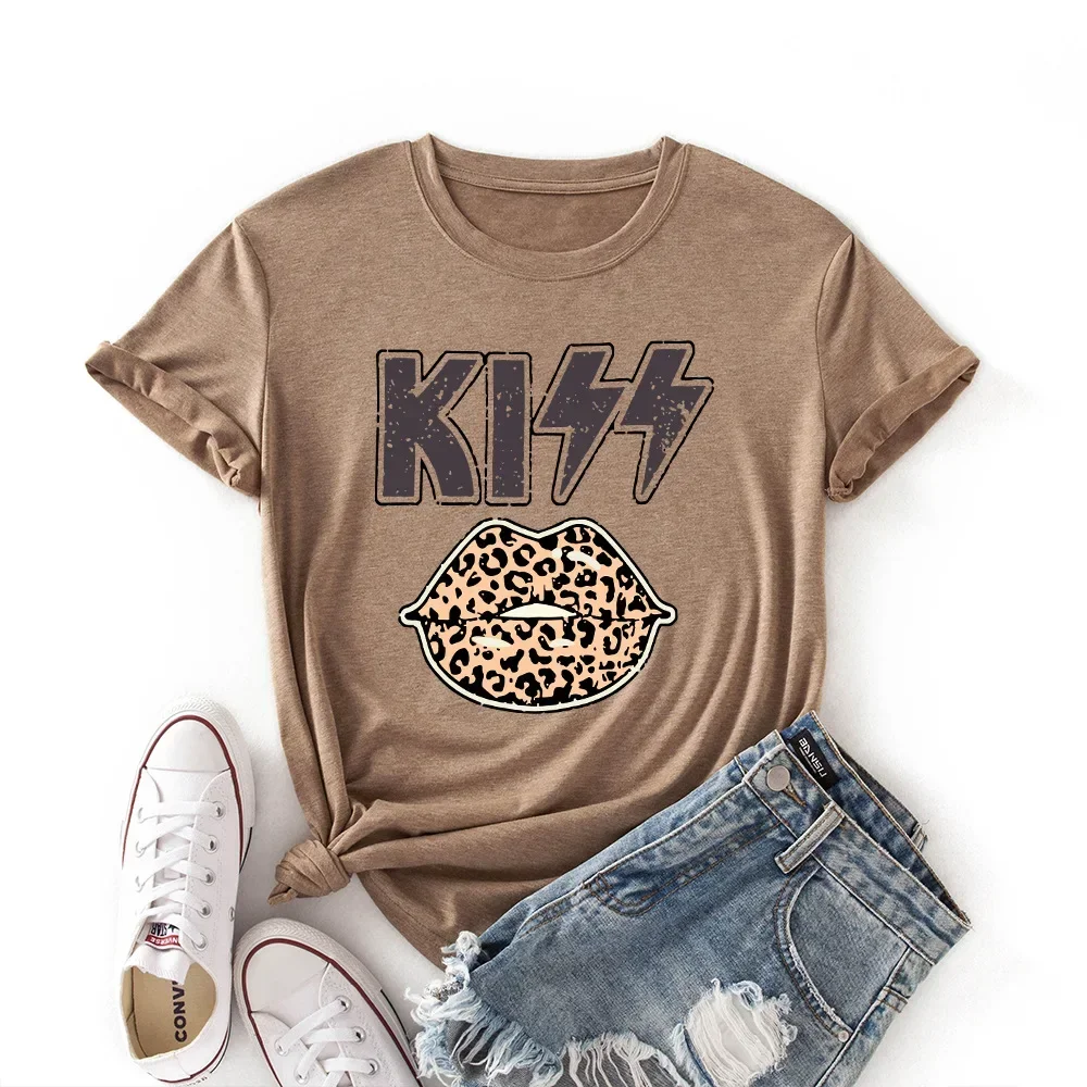 Sunmmer Wowen T Shirt Kiss Letter Leopard Lips Print Women's Tops Cute Graphic Vintage Short Sleeve Causal Harajuku Female Tee