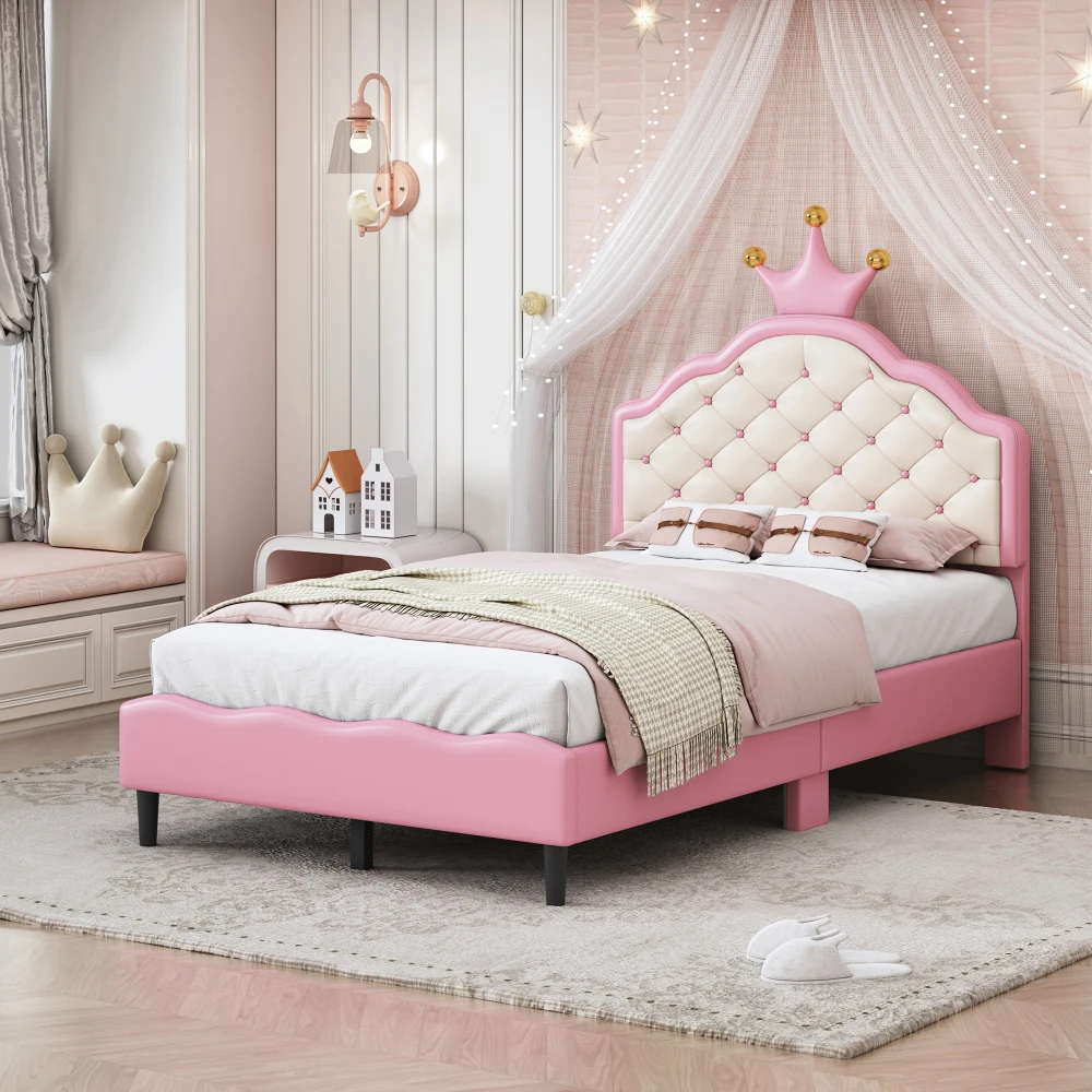 Twin Size  Lovely Crown Fantasy PU Leather Princess Bed with Tufted Headboard, Pink+Cream Bed Frame