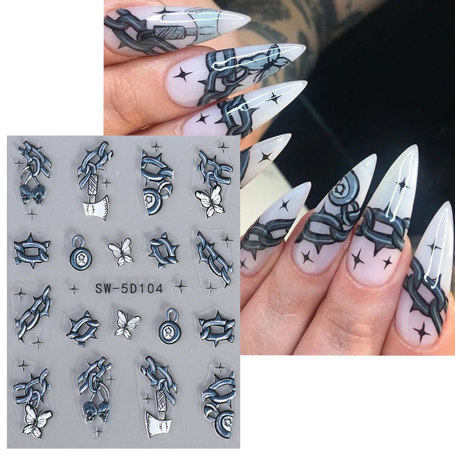 5D Halloween Chain Embossed Nail Stickers Skull Butterfly Hatchet Star Wound Stitching Winter Festival Cartoon Slider Manicure