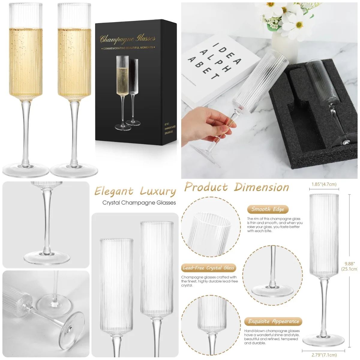 

Champagne Flutes Set of 2, 8 oz Crystal Glasses, Vintage Ridged Design, Clear Cocktail & Wedding Toasting Glasses