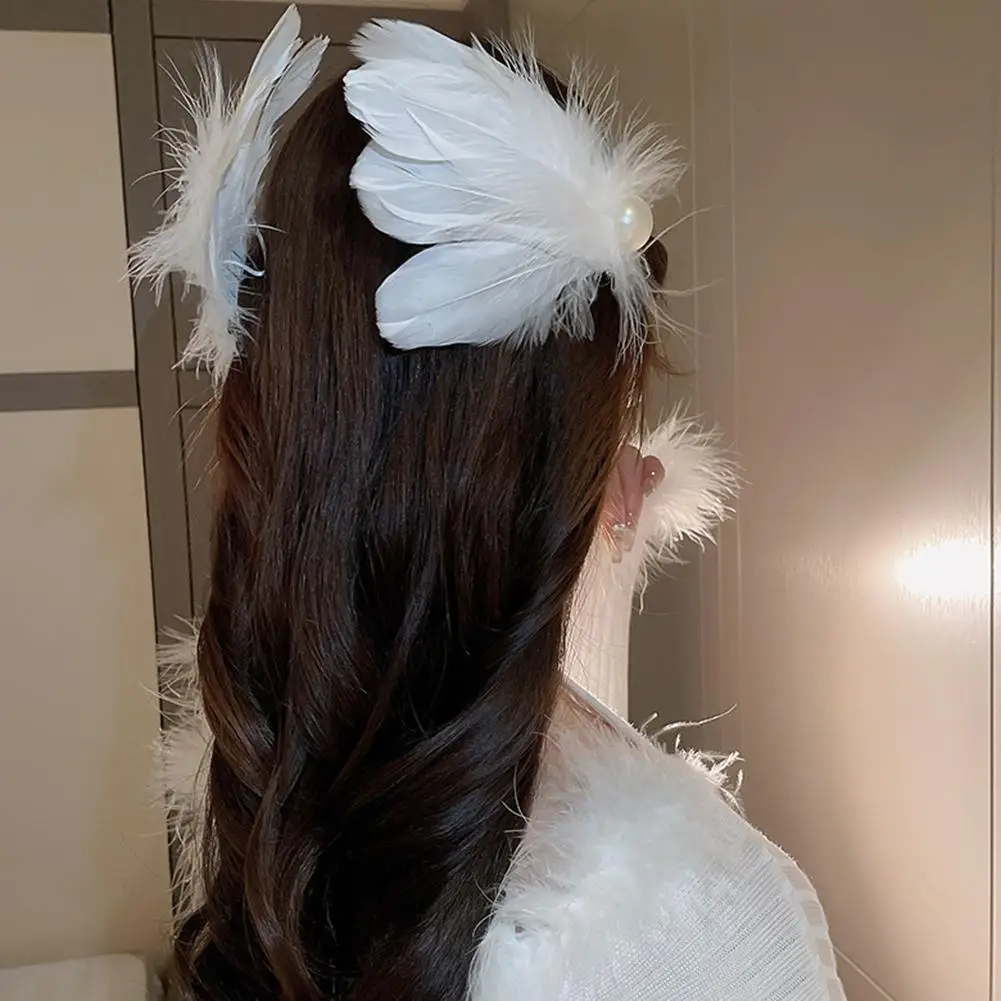 2pcs White Swan Feather Hairpin Headwear Ballet Style Stage Performance Side Clip Girl Party Faux Pearl Accessories Hair Clips