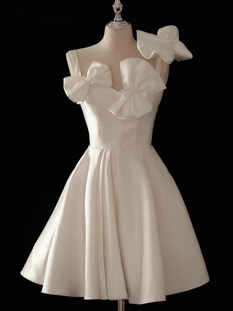 

French Retro Simple 3d Bow V-neck Sleeveless Sexy Backless High Waist A- line White Dress Women Short Wedding Engagement Dresses